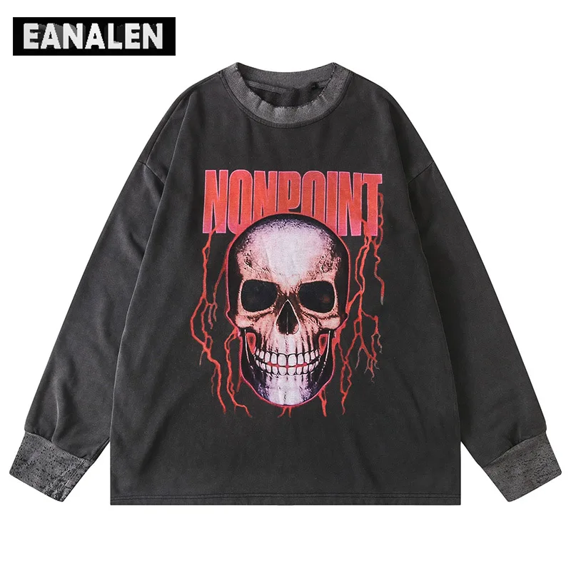 

Harajuku Vintage Lightning Skull Graphic T-shirt Men's Oversized Fashion Streetwear Rock Punk Gothic Long Sleeve T-Shirt Women's