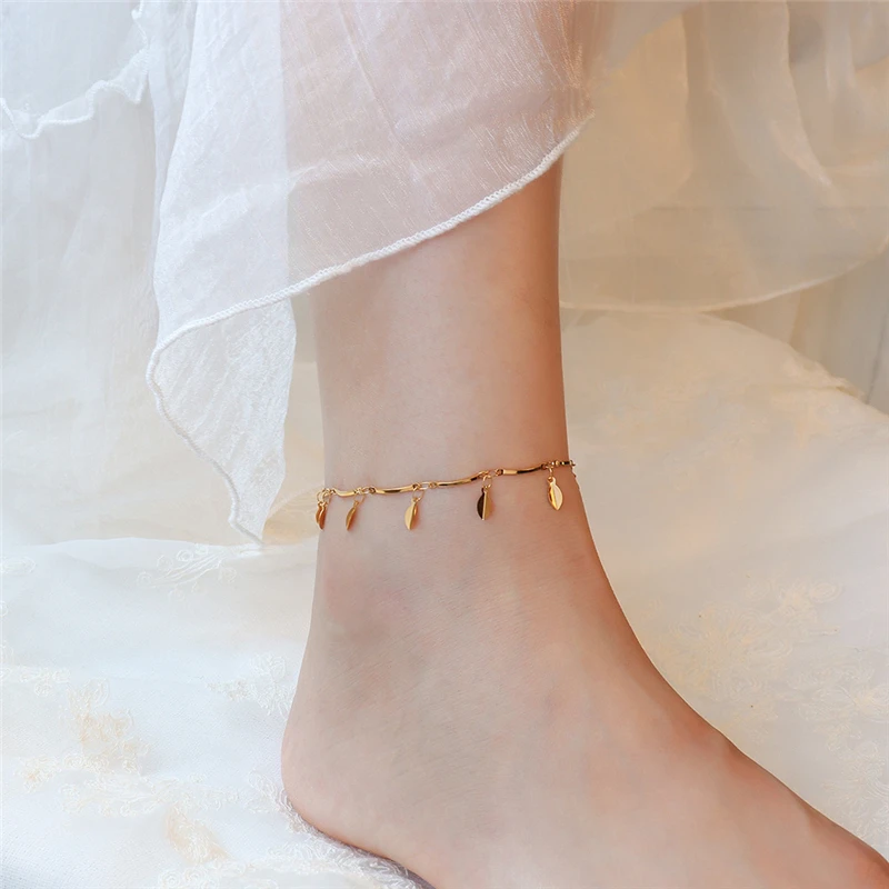 

Vintage Gold Color Leafs Tassel Anklet for Women Adjustable Size Charm 316l Stainless Steel Foot Chains Ankle Bracelet Tobillera