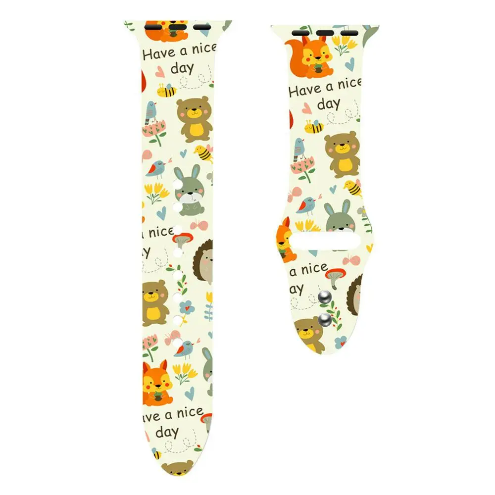 Bear Rabbit Сменный спортивный ремешок для Apple Watch Band 5, 4, 44 мм, 40 мм, силиконовый браслет с цветочным принтом для iWatch Series 3, 2, 1, 42 мм, 38 мм - Цвет ремешка: Bear Rabbit