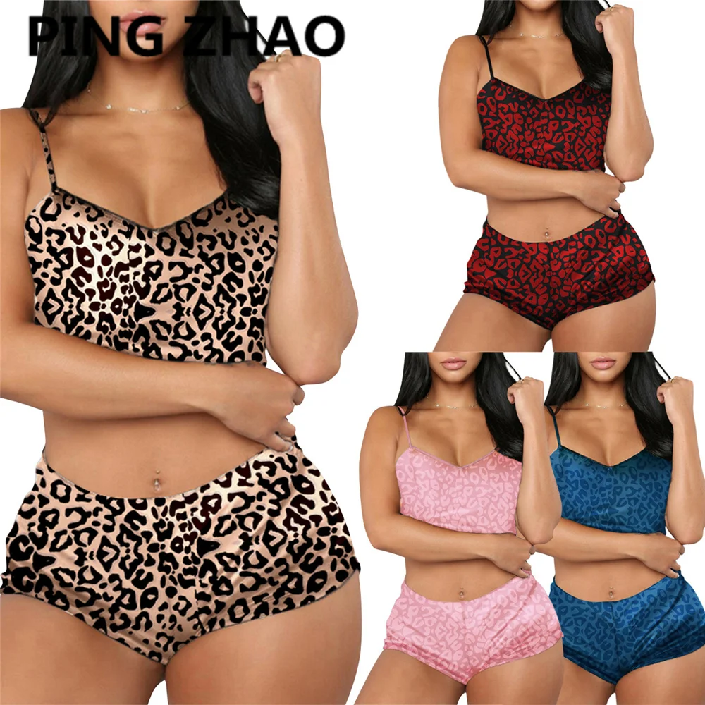 

PING ZHAO Two Piece Set Sexy Pijamas Leoperd Pattern Womens Pajama Sets Sleeveless V Neck Crop Top Corset Satin Pajamas Women