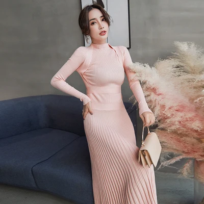 Women Slim Long Maxi Knitting Sweater Dress Autumn Winter Full Sleeve Pleated A-line Dress Big Swing Ladies Pullover Dresses
