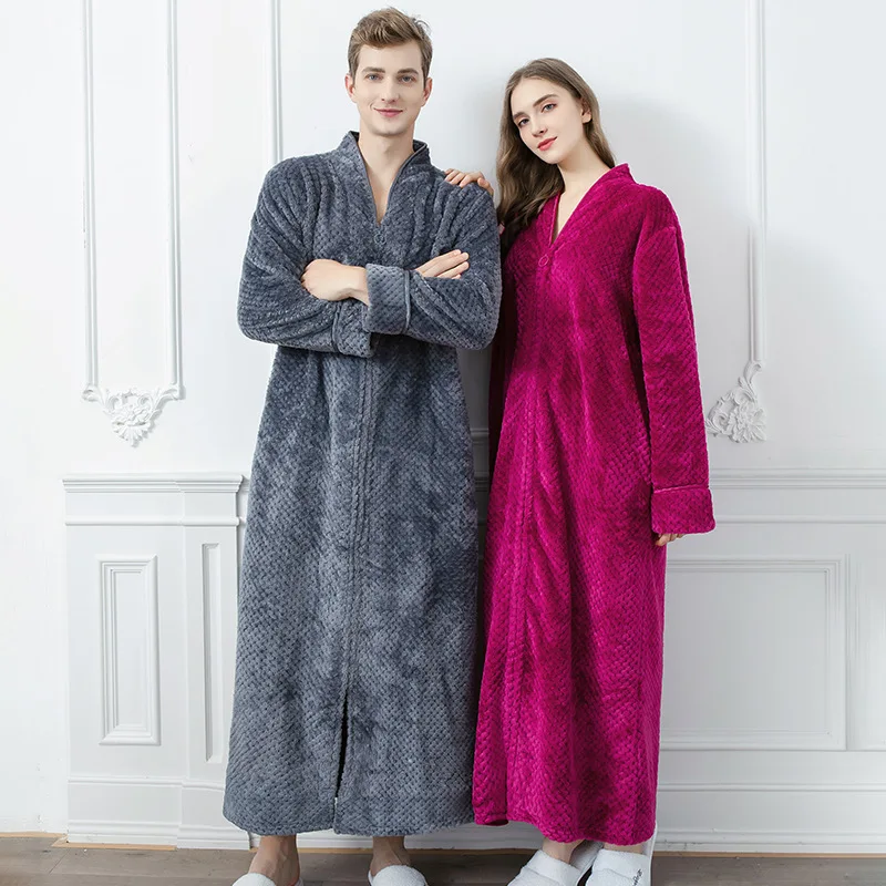 V Neck Flannel Splicing Nightgown Long Robe Thicken Couple Nightgown Bathrobe NW97
