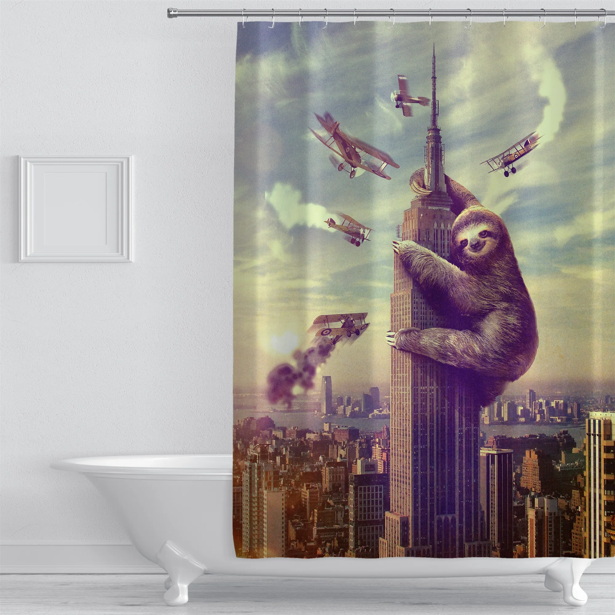

3D Animal Print Oil Painting Landscape Forest Castle Sea Slope Ship Shower Curtain Waterproof and Mildew Proof Belt Hook