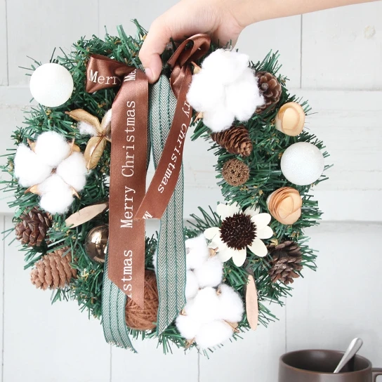 Artificial Handmade flower Wreath Cotton pine cone Wedding Christmas Decor DIY Hanging Weaved Garlands Crafts accessory |