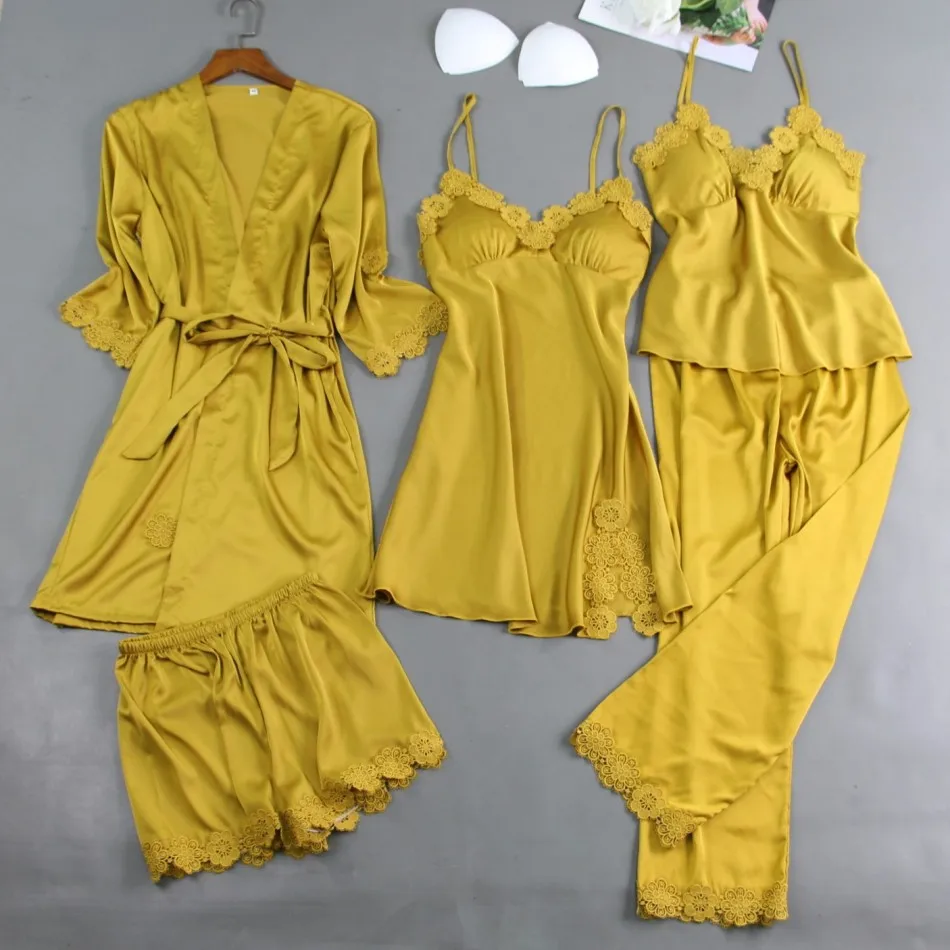 

5Pcs Spring Lace Pajama Pyjama Set Women Satin Yellow Sleepwear Suit Nightwear Casual Home Wear Lingerie Suit
