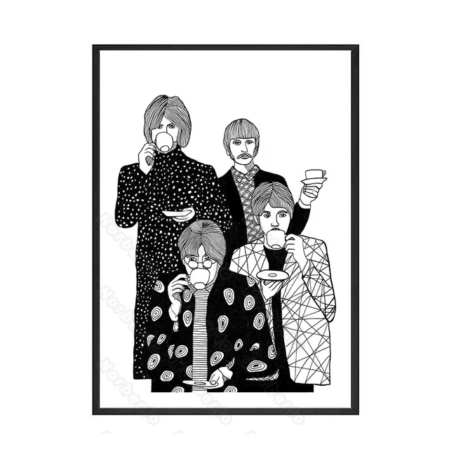 

Canvas Painting Wall Poster Black and White Stick Figure Picture or Photo Four People Drinking Coffee for Home Rooms Wall Decora