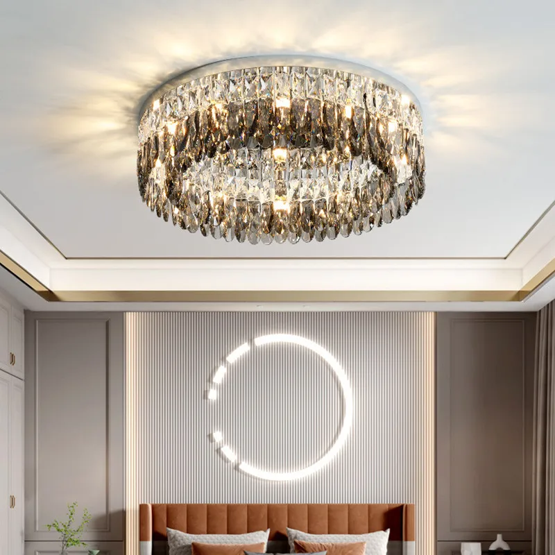 

Modern Luxury Round Chrome E14 Led Ceiling Lamp Gray&Clear K9 Crystal Steel Ceiling Lights Foyer Round Mounted Lamp Fixtures