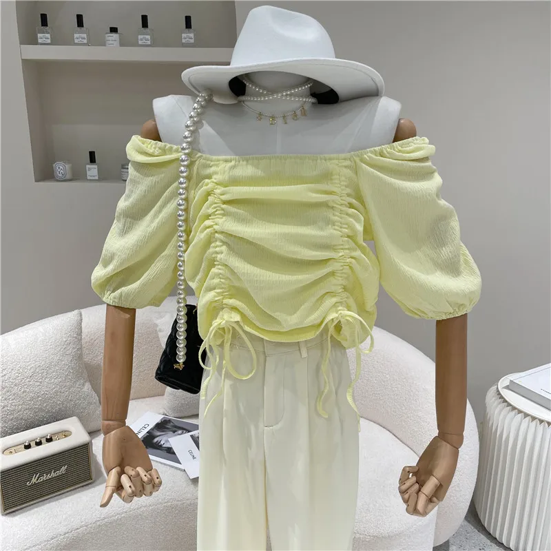 

Women's Spring Summer 2021 Niche Design Fashion Drawstring Short High Waist Solid Top Square Neck Short Sleeve Shirt