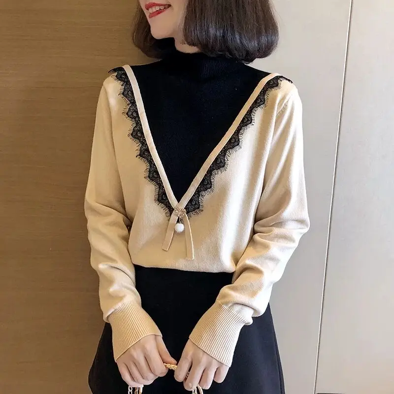 Женский кружевной свитер Осенний пуловер с длинным рукавом в стиле пэчворк |