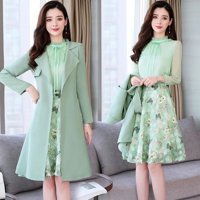 

2023 New Fashion Trench Coat For Women Collocation Floral Dress Autumn Three-piece Suit Jacket Windbreaker Skirt Ladies Suit