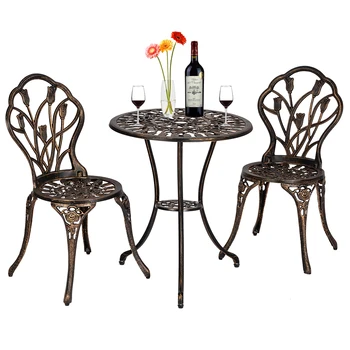 【USA READY STOCK】2pcs European Style Cast Aluminum Outdoor 3 Piece Tulip Bistro Set of Table and Chairs Bronze At Garden