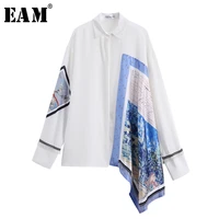 eam 2021 new spring autumn lapel long sleeve white irregular pattern printed big size shirt women blouse fashion tide jt636
