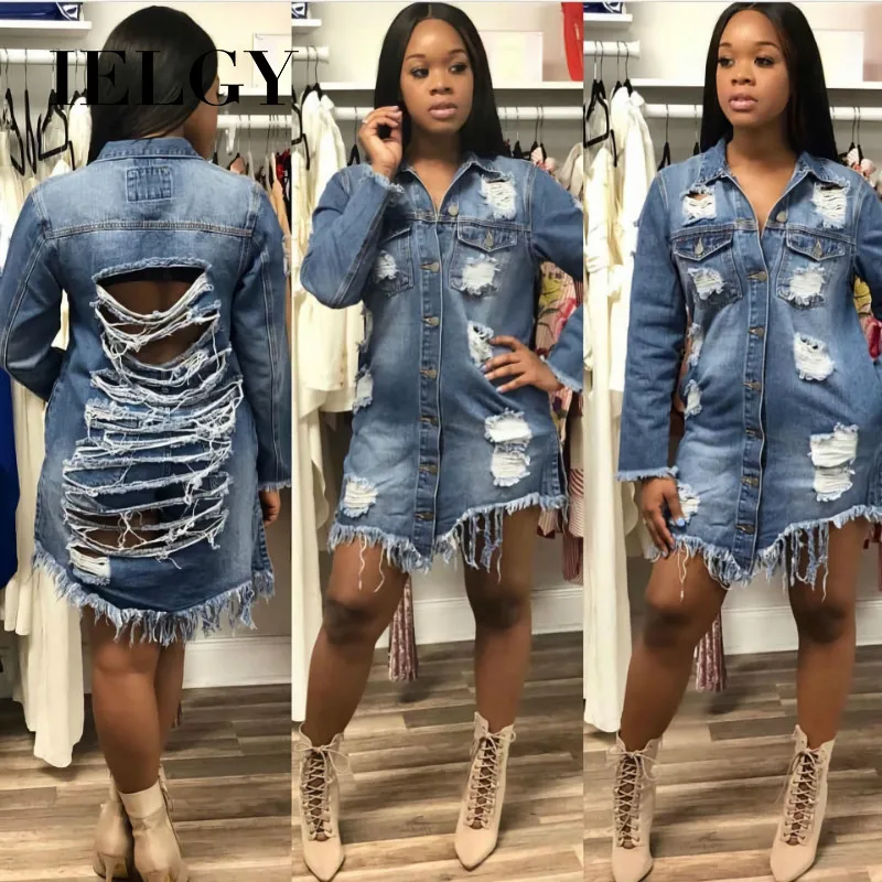 

IELGY Shattered denim Jacket Women's Fashion torn wind wild mid-length fringe decoration trendy Top