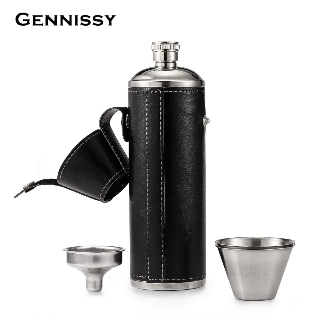 GENNISSY Pocket Hip Flask 10 OZ with Free Funnel + 2 Stainless Steel Cups with Leather Wrapped Cover and 100% Leak Proof Flasks