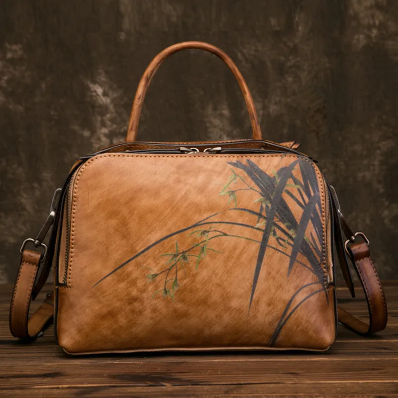 Chinese style New Retro Leather Women's bag women's head leather orchid flower women's handbag handbag