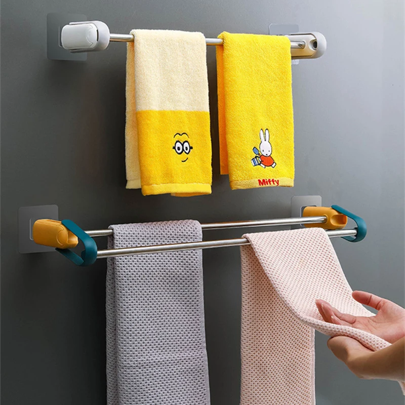 Double Towel Holder Bar Bathroom Tower Rack Stand Wall Hanging Mounted Stainless Steel Self No Drilling Adjustable Adhesive |