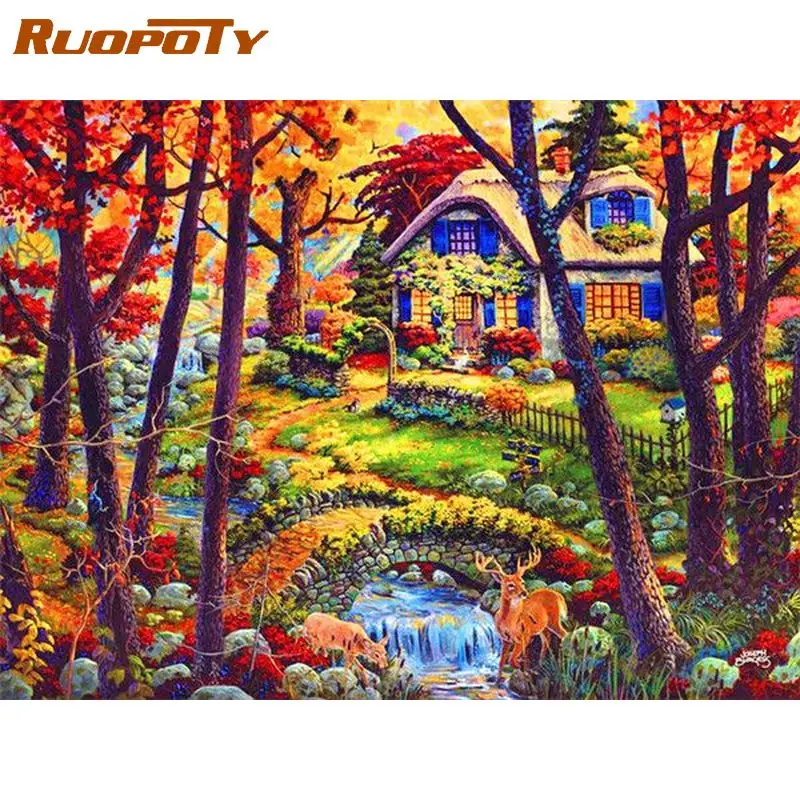 

RUOPOTY Acrylic Paint Frame Diy Painting By Numbers Kit Forest House DIY Craft Scenery Canvas by numbers For Home Decors Artwork