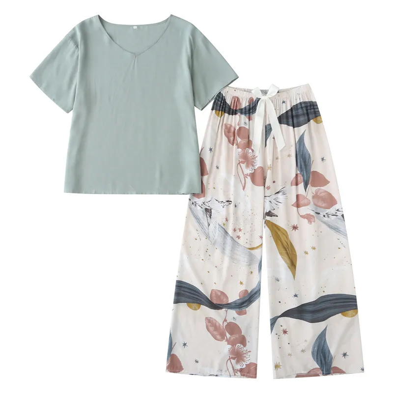

Summer Printing Pijamas Short-sleeved Long Pants Sleepwear Women's Cotton Pyjamas Home Wear Women Pajamas 2 Piece Set Nightwear