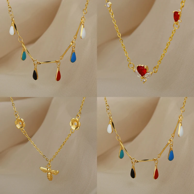 

Gold Rose Flower Bee Pendant Necklace for Women Goth Water Drop Choker Chain Necklace Jewelry Accessories collares para mujer