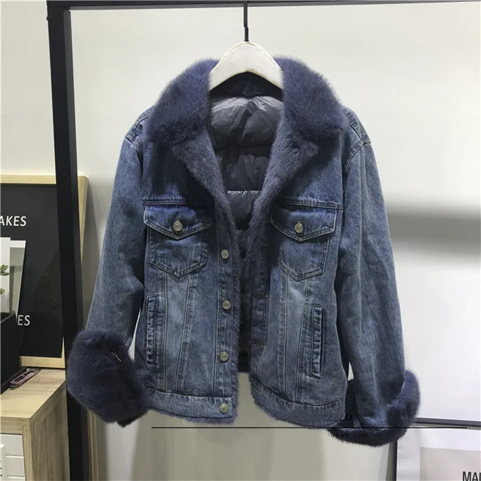 blue mink fur PUDI PK914 Женское зимнее меховое пальто Джинсовая хлопковая парка куртка норковый меховой воротник пуховое пальто женское пальто - Цвет: blue mink fur
