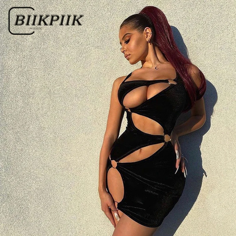 

BIIKPIIK Solid Hollow Out Women Skinny Mini Dresses Sexy Clubwear Evening Party Dress Summer Sleeveless Vintage Black Outifits