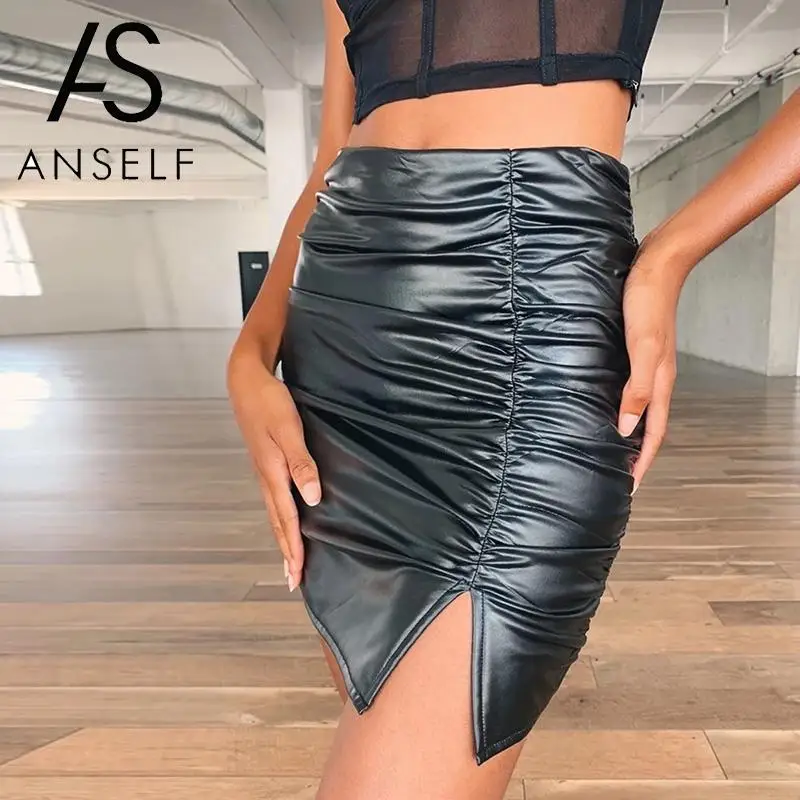 Сексуальная черная офисная Женская юбка из искусственной кожи с рюшами