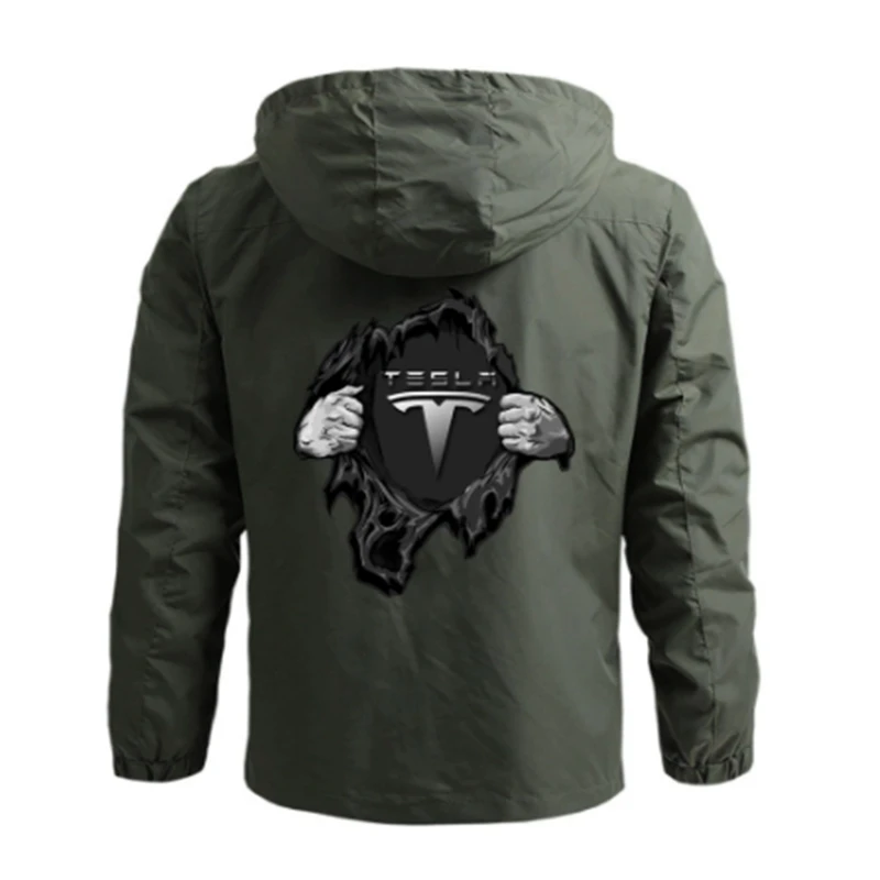 

Tesla Logo Windbreaker Jackets Waterproof Military Hooded Wind Breaker Casual Coat Male Clothing Autumn Spring Outwear Men