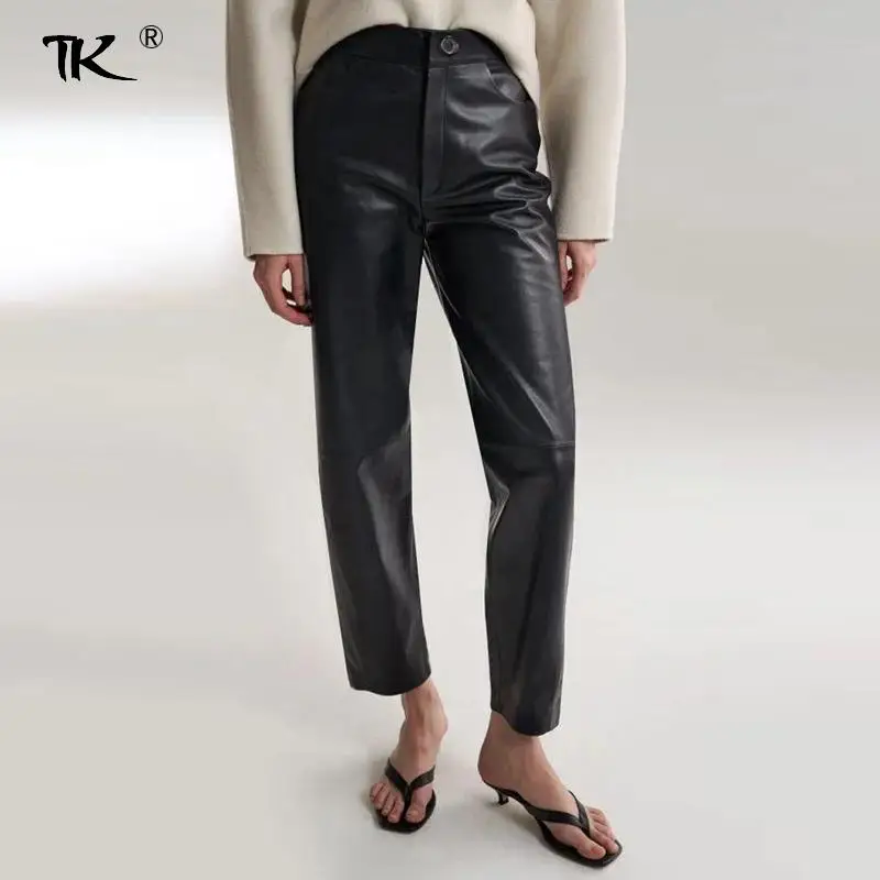 

Women's Black Pu Leather Pants High Waist Pencil Harem Trousers Slim Female Pant Ankle-length Casual Fashion Autumn Winter 2021