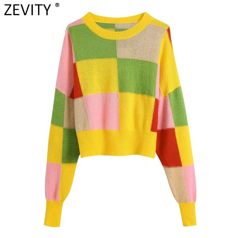 

Zevity Women Fashion Candy Color Matching Patchwork Casual Knitting Sweater Female Chic O Neck Long Sleeve Pullovers Tops SW963