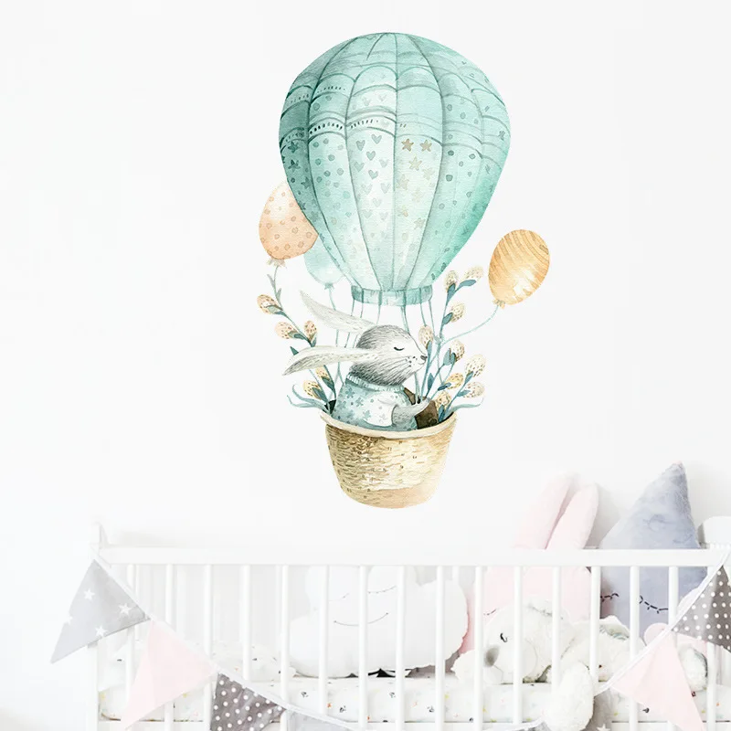 

The bunny rides a green hot air balloon wall to beautify the decorative wall stickers