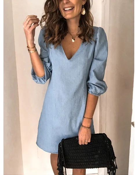 

Women's Solid Color V-neck Denim Short Sleeve Dress Casual Loose Extra Large Size Denim Dress