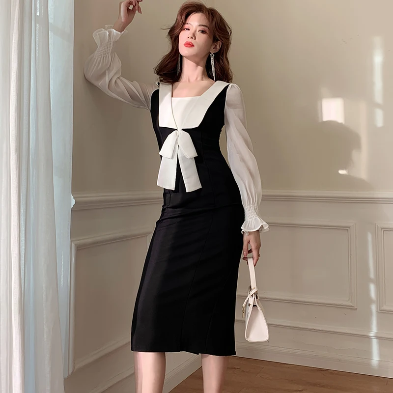 

Long Sleeve Autumn Spring Office Ladies Dress High Waist Slim Bow Black White Color Patchwork Casual Party Dresses TA355