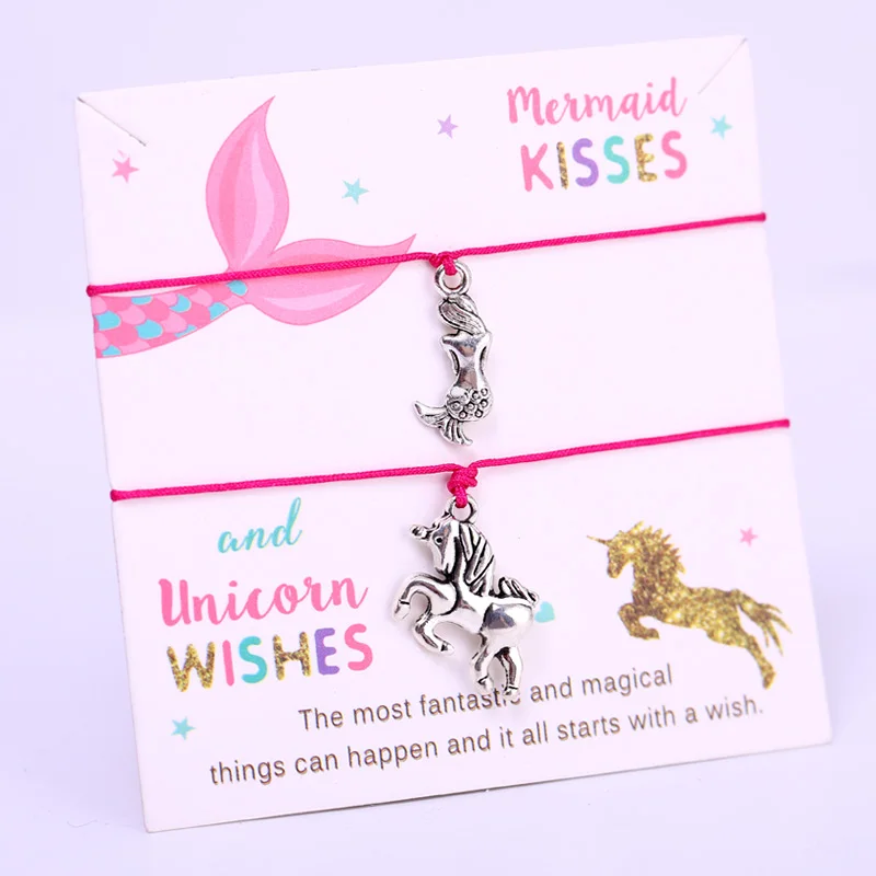 Единорог пожелания Русалка поцелуев регулируемые браслеты с брелоками для