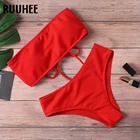 RUUHEE, бандо, бикини, женский купальник, 2021, комплект бикини с низкой талией, одноцветные купальные костюмы, пляжная одежда, пуш-ап, купальник для женщин