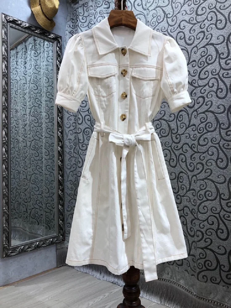 

High Quality Denim Dress 2021 Summer Style Women Turn-down Collar Color Block Stitching Chest Pocket Short Sleeve Jeans Dress