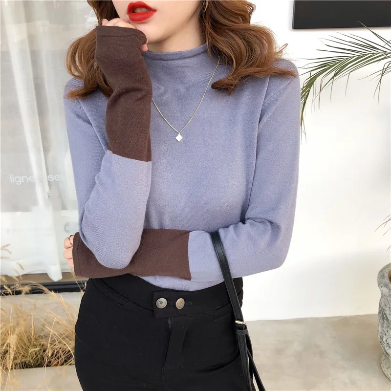 

Autumn and Winter New Mock Neck Sweater Women's 2020 Popular Color Contrast Patchwork Knitted Bottoming Shirt Japanese Style