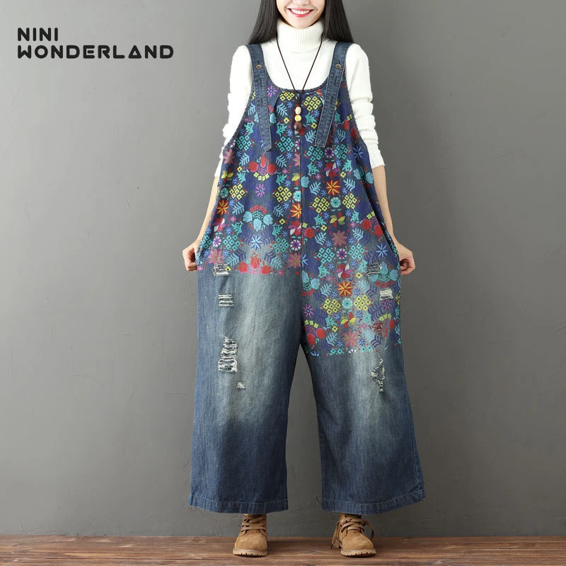 NINI WONDERLAND, женские джинсовые комбинезоны, с принтом, ковбойский Классический комбинезон,, женские свободные широкие штаны с дырками, большой размер, повседневные Комбинезоны