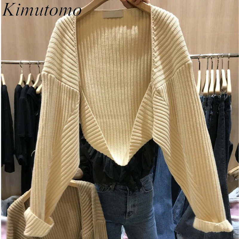 

Kimutomo сплошная шикарная вязаная кардиган женский корейский осень 2021 новые универсальные короткие трикотажные свитеры в стиле Ins с рукавами ...