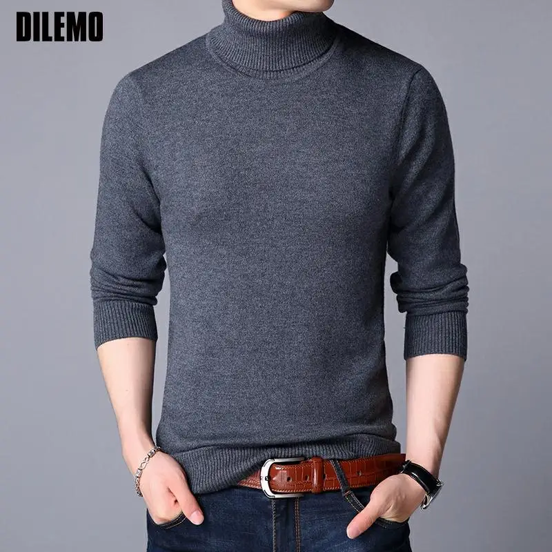 

100% Wool Top Grade New Fashion Brand Knit Mens Turtleneck Sweater Pullover Plain Red Casual Jumper Autum Winter Men's Clothing