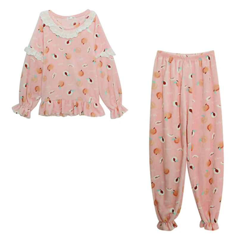 

Women Pajama Sets Sweet Kawaii Sleepwear Long Sleeve and Pants Soft Comfortable Lace Home Wear Round Neck Cute Autumn Night Suit