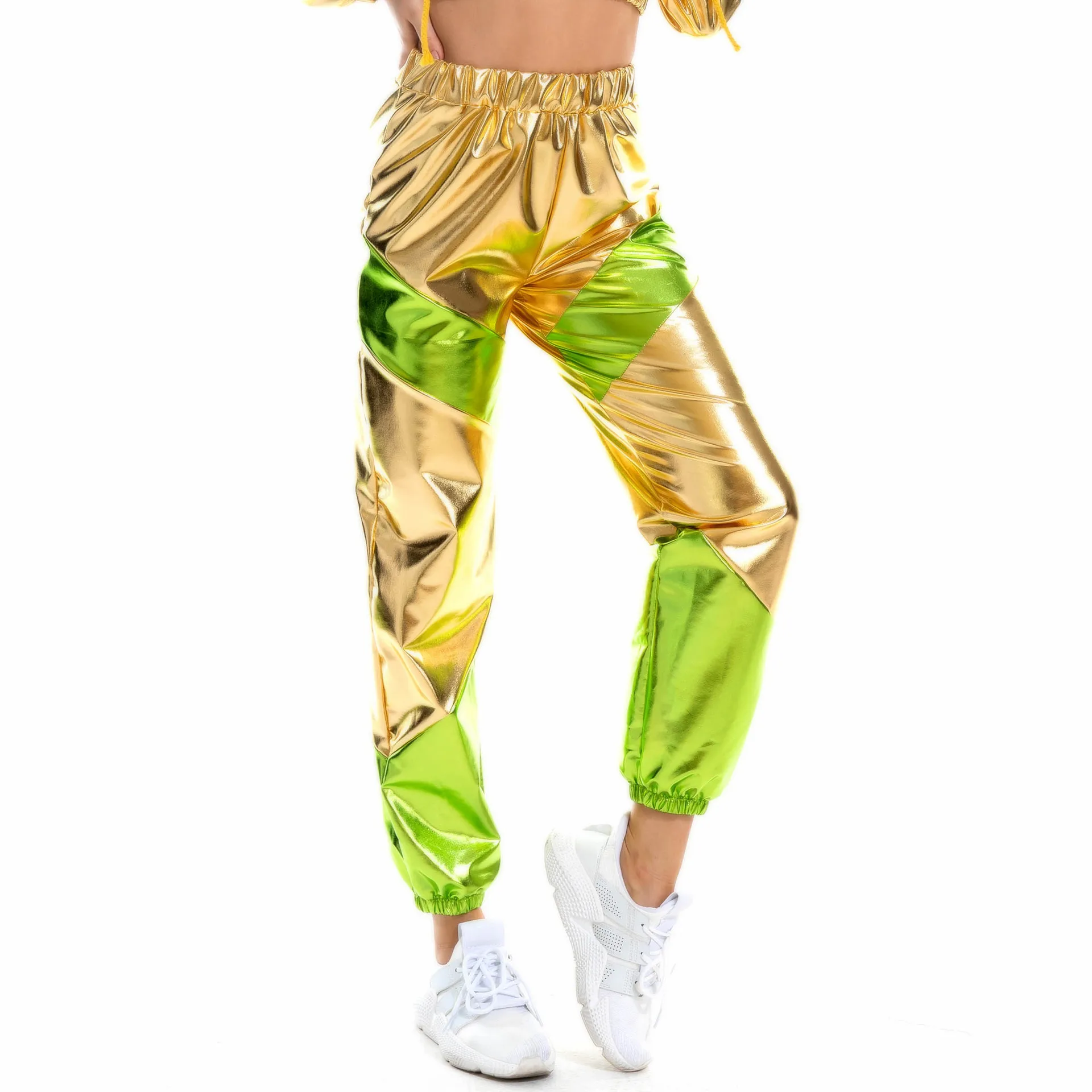 

Women's Color Matching Bronzing Multicolor Stitching Pocket Loose Shiny Metallic Strechy Wet Look Leggings