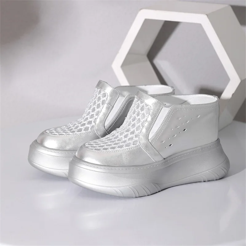 

Prova Perfetto knit round toe wedge heel shoes woman hollow out leather slippers spring summer casual ladies mules platform shoe