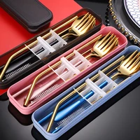 new portable fork spoon straw brush tableware set stainless steel dinnerware with box travel dinner set for kid school cutlery