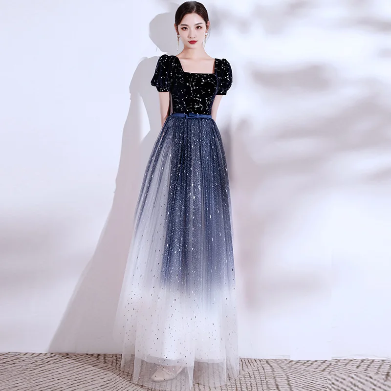 

Fairy Dreamy Lady Evening Party Dress Cheongsam Exquisite Sequins Mesh Prom Dress Sweet Puff Sleeve Banquet Vestidos De Festa