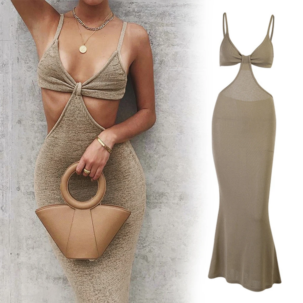 

Vacation Knitted Maxi Dresses for Women Summer Elegant Party Cut Out Backless Dress