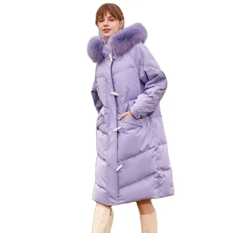

Natural Fox Fur Collar Women White Duck Down Coats 2022 Winter Clothing Female Long Puffer Jacket Parkas Hooded Ox Horn Buckle