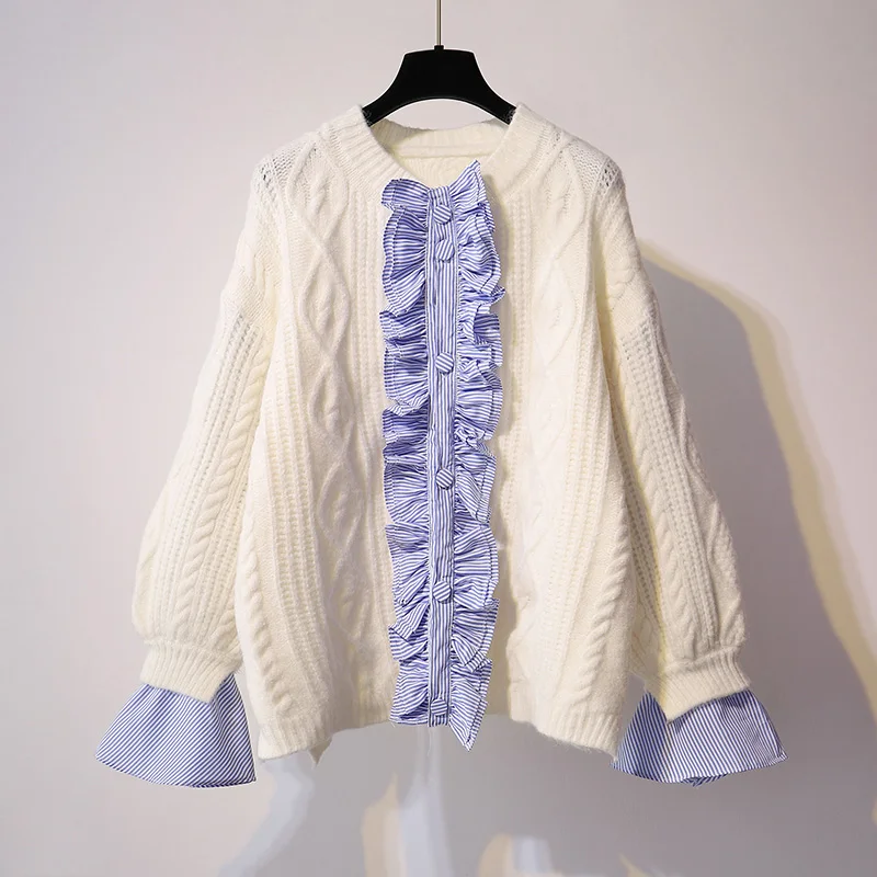 

Very Fairy Mid-length Lace-edge Sweater Jacket Women's Autumn and Winter New Product Korean Loose Sweet Sweater