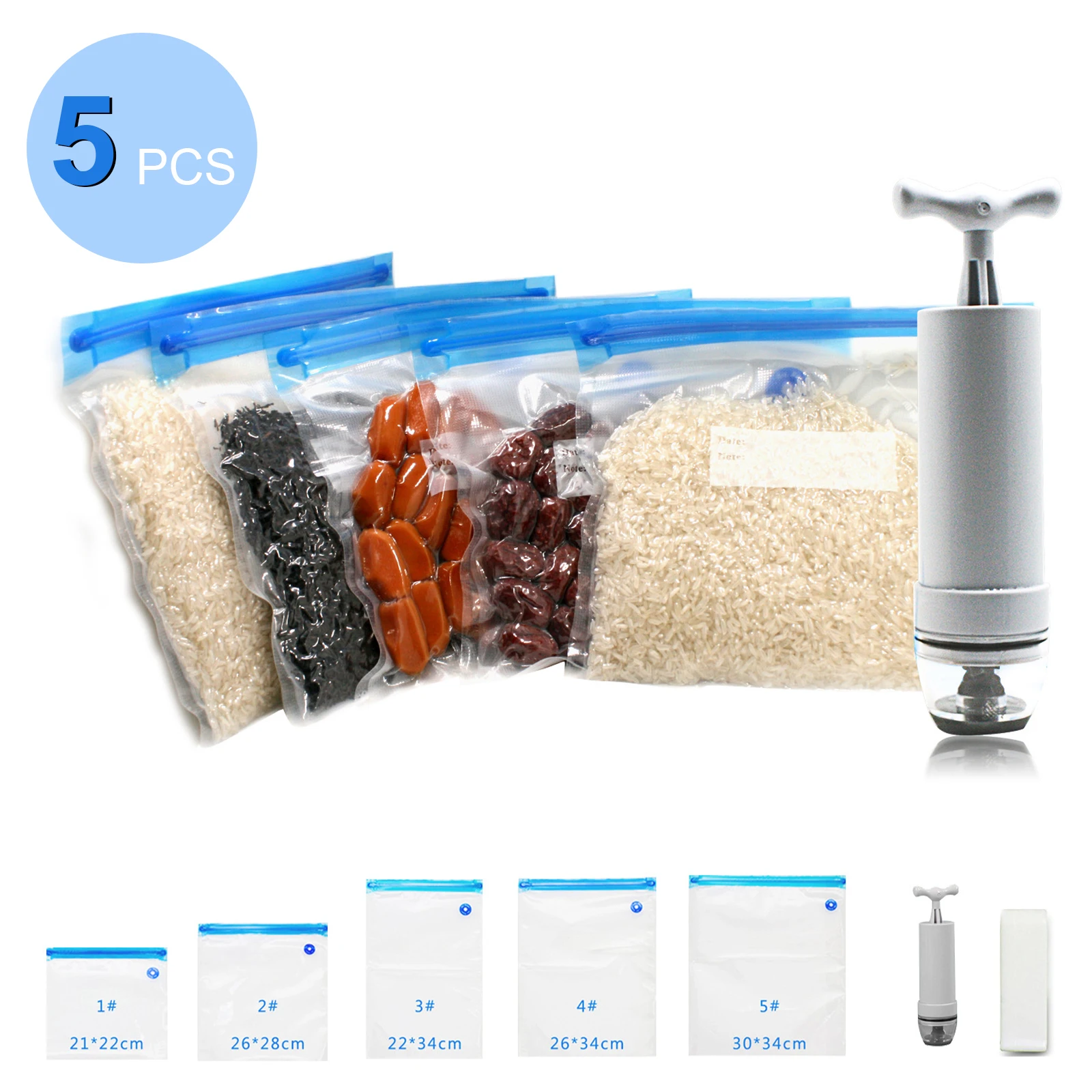 

5pcs Storage Bag Vacuum Sealer Storage Bags Air Pump for Food Saver Food Storage Bag for Meal Prep Sous Vide Kitchen Accessories