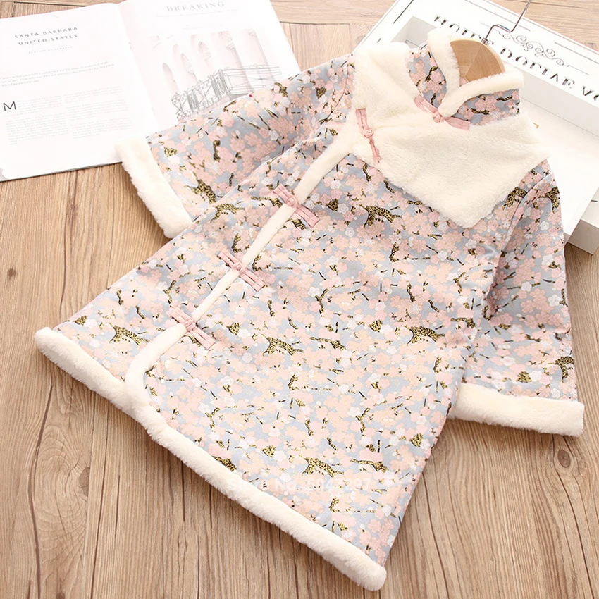 

Chinese Traditional Clothing Cheongsam Kids Baby Girl New Year Princess Party Soft Thicken Pattern Printed Dress Tang Suit Qipao