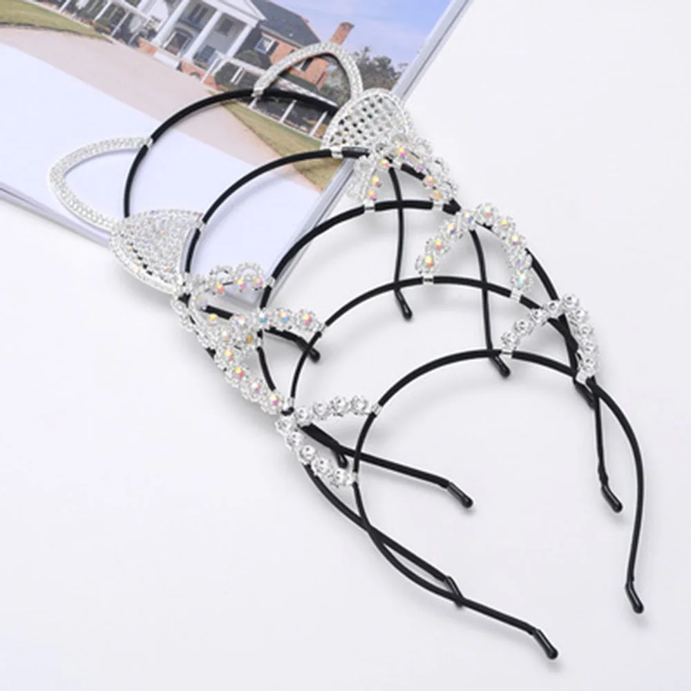 Модная новинка Детская повязка на голову с кошачьими ушками и кристаллами